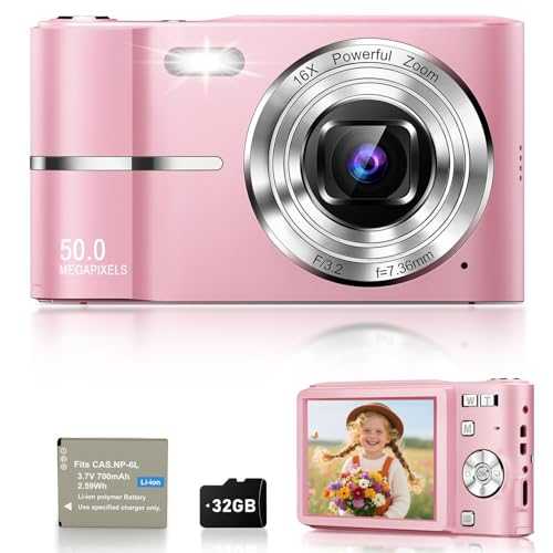 EJXHKNF Digital Camera, 1080P FHD Vlogging Camera 50MP Compact Portable Photo Camera with 2.4" Screen, 16X Digital Zoom Mini Small Pocket Camera for Kids Students with 1 Battery, 32GB Card (Pink)